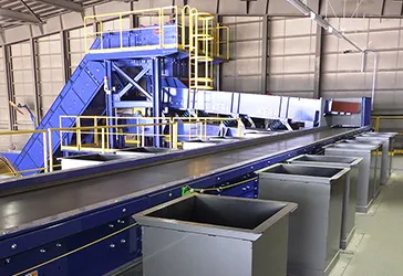 工場内の大型選別ライン設備。青いコンベアが設置され、金属製の仕分け用ボックスが並んでいる。